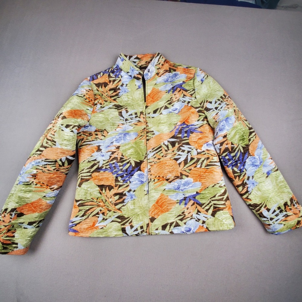 Silkland Woman Jacket M Zip Closure Green Peach Brown Blue Tropical Floral Print